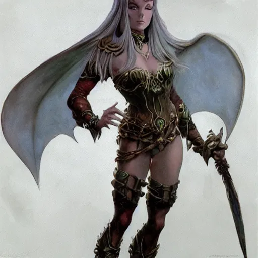 Image similar to elven queen character full body portrait by frank frazetta, fantasy, dungeons & dragons, sharp focus, beautiful, artstation contest winner, detailed