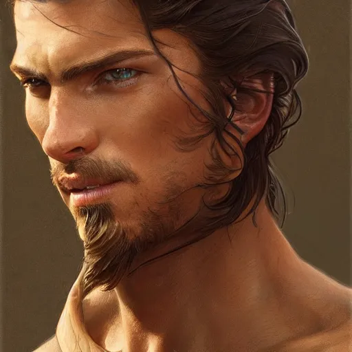 Image similar to portrait of a rugged ranger, handsome, muscular, half body, leather, smirk, fantasy, intricate, elegant, highly detailed, digital painting, artstation, concept art, smooth, sharp focus, illustration, art by artgerm and greg rutkowski and alphonse mucha