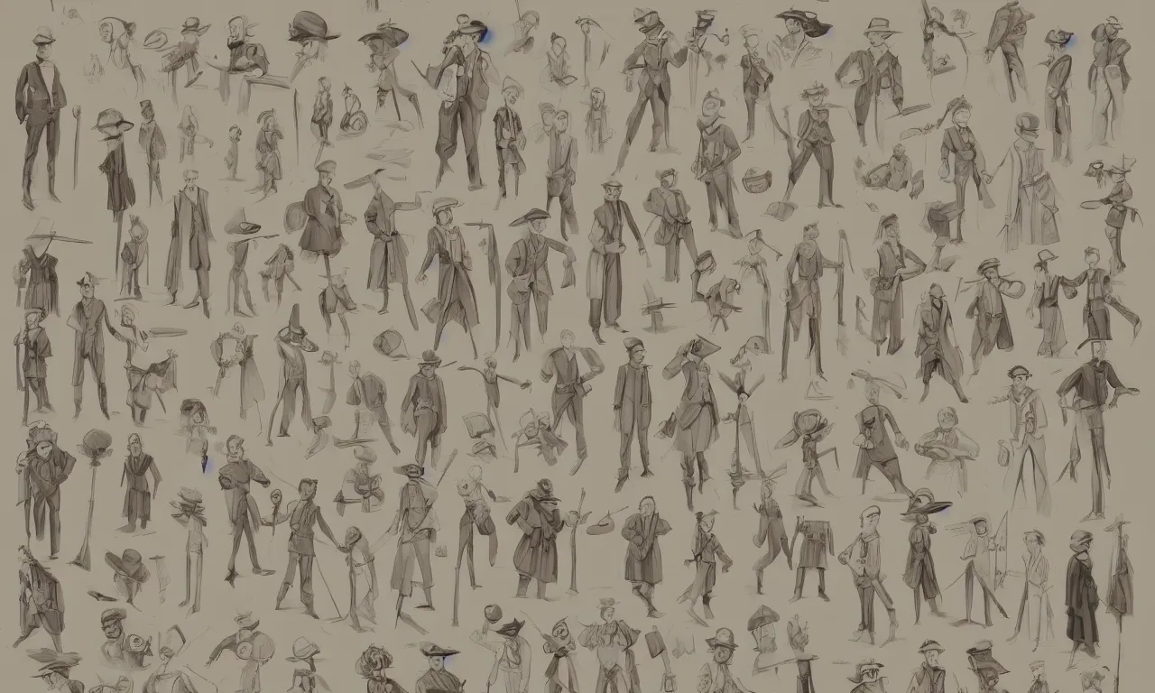 Prompt: game asset sheet, material study, 2 d sprite, 1 9 0 0 s era characters from a play