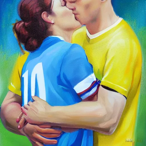 Prompt: medium close up of a young couple with sport team jerseys on, in a natural kiss embrace, by mark tennant art, photorealistic, small details using light, movement, and wide brushstrokes