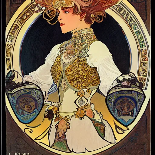 Image similar to woman in full plate armour, lance, flowing hair, painted by alphonse mucha