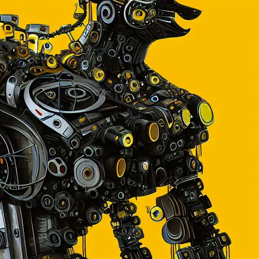 Image similar to a mechanical fox, hydraulic joints, yellow and white construct, stylised cyberpunk, digital fantasy art