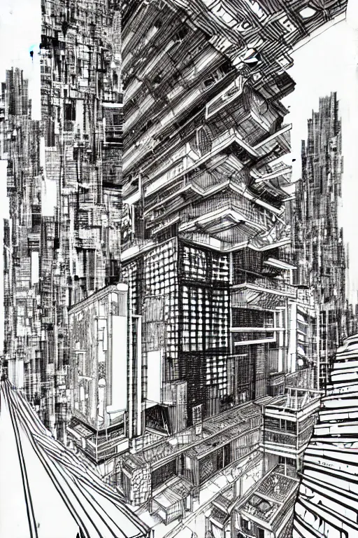 Prompt: a black and white drawing of a science fiction building, cityscape, a detailed mixed media collage by hiroki tsukuda and eduardo paolozzi and moebius, intricate linework, sketchbook psychedelic doodle comic drawing, geometric, street art, polycount, deconstructivism, matte drawing, academic art, constructivism