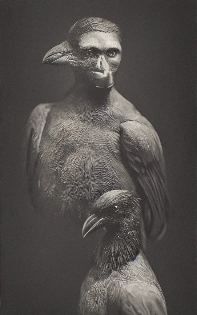 Image similar to portrait of a crow human hybrid mutant, daguerreotype, studio lighting, hyperrealistic, ultra detailed