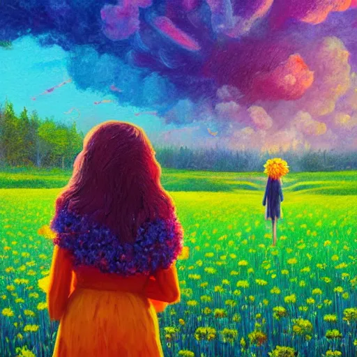 Image similar to girl with a huge flower as a face, surreal photography, dream, standing in flower field, hills, big trees, sunrise dramatic light, impressionist painting, colorful clouds, digital painting, pointillism, artstation, simon stalenhag, flower face