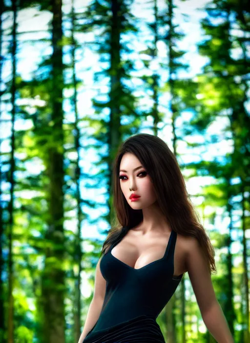 Image similar to photo of a gorgeous female in the style of stefan kostic, realistic, professionally, professionally color graded, half body shot, sharp focus, 8 k high definition, insanely detailed, intricate, elegant, art by stanley lau and artgerm, extreme bokeh, blurred forest in background