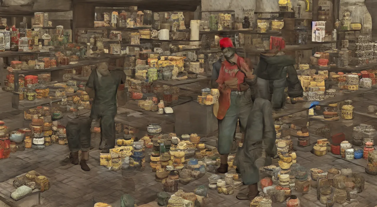 Image similar to A shopkeeper selling canteens, new vegas style