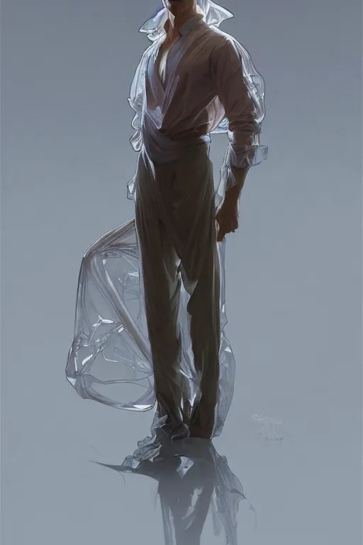 Image similar to full figure portrait of a single beautiful young fit man, dressed of modern transparent fluent shirt and large pants, by greg rutkowski and alphonse mucha, d & d character, interior design background, highly detailed portrait, digital painting, artstation, concept art, smooth, sharp focus ilustration, artstation hq