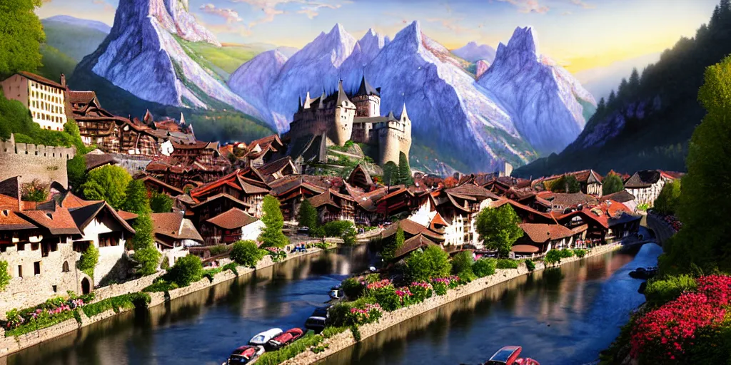 Prompt: view of medieval walled city nestled in a mountain with small river flowing through center, large castle high up in a mountain peak in the background, alpine architecture, half - timbered, tudor style houses, chalet, soft colors, cozy, very beautiful, intricate, majestic, concept art, artgerm, james gurney, trending on art station