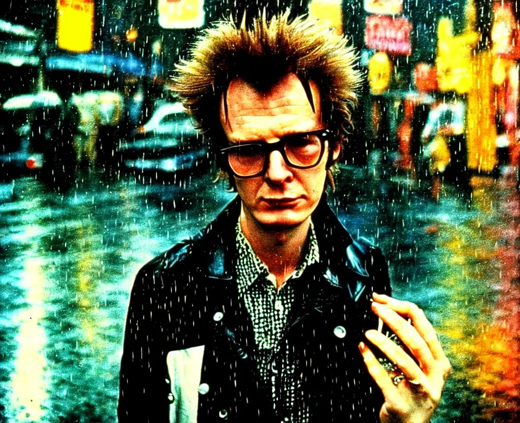 Image similar to closeup of young Garry Oldman as Sid Vicious on the lower east side by Alex Cox, Polaroid, raining!!!, nightime, colorful, 1970s, photorealistic, atmospheric,