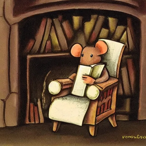 Image similar to an old mouse reading a book in a chair next to a fireplace