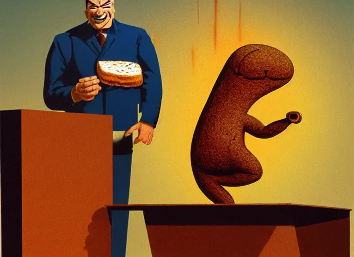 Prompt: anthropomorphic piece of toast in front of a podium, by marco bucci and frank frazetta