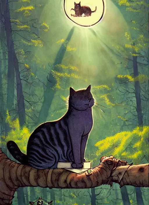 Image similar to a hyper realistic ink cat and the meaning of life and sunbeams blue sky, lush forest comic painting by chiara bautista and norman rockwell and greg rutkowski weta studio, and lucasfilm