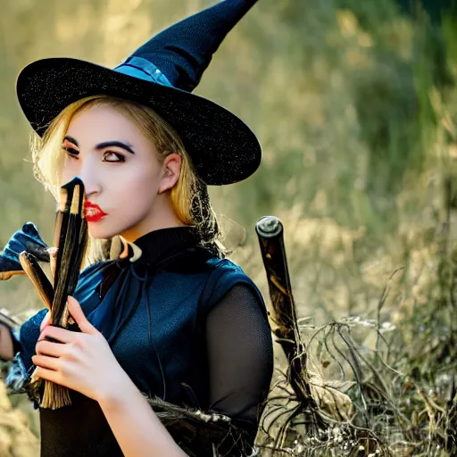 Prompt: young woman witch with magic wand and broom cosplay, she wears boots, full body, beautiful face, photo taken by nikon, 4k, high quality, very detailed, intricant