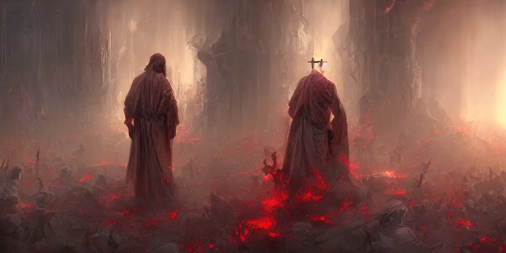 Prompt: Jesus Christ, walking through hell, to destroy Satan's kingdom , a fantasy digital Painting, by Marc Simonetti