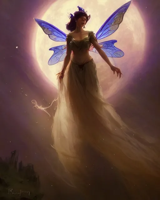 Image similar to a portrait of beautiful fairy goddness fly high in the night, d & d, fantasy, mist, full moon in background, trees, hyper detailed,, midium shot, an oil painting by ruan jia, trending on artstation, concept art, sharp focus, illustration, gaston bussiere, craig mullins, j. c. leyendecker, beautiful lighting