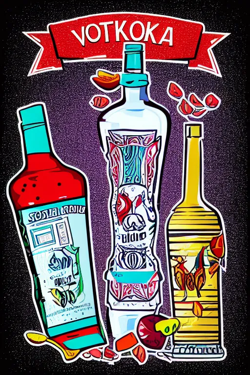 Prompt: Vodka bottle , sticker, colorful, illustration, highly detailed, simple, smooth and clean vector curves, no jagged lines, vector art, smooth