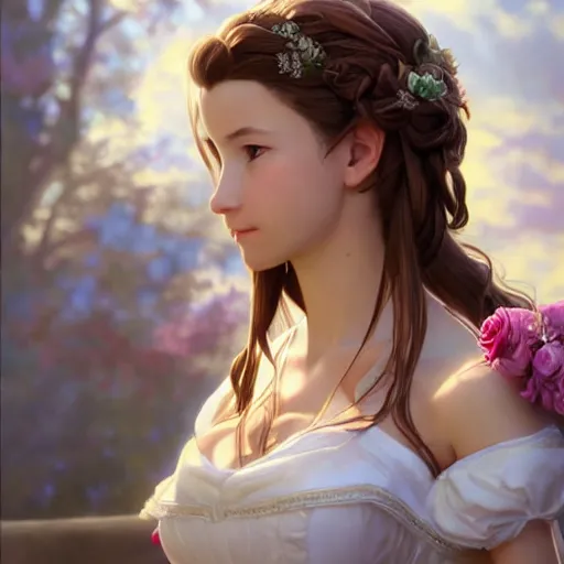 Prompt: aerith gainsborough in a wedding dress, cg animation, riot entertainment, arcane, realistic, character select portrait, by artgerm, greg rutkowski, alphonse mucha, 3 d