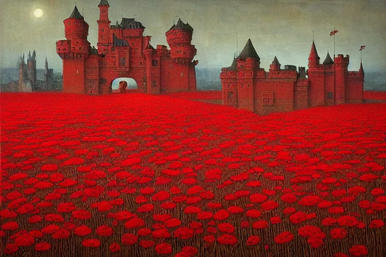 Image similar to only with red, red flowers of different types, a red tiger, a castle in the background, medieval demons dance over the flowers, an ancient path, in the style of beksinski, part by hopper, part by rodcenko, part by hofbauer, intricate composition, red by caravaggio, insanely quality, highly detailed, masterpiece, red light, artstation