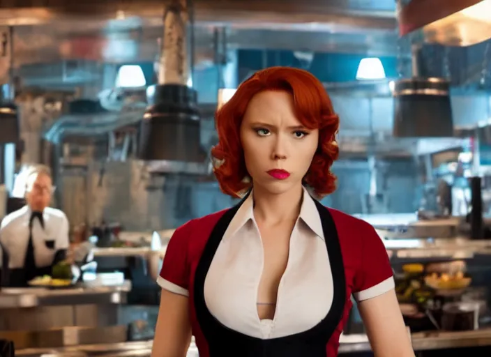 Image similar to Black Widow working as a waitress in a diner in the new avengers movie, 4k