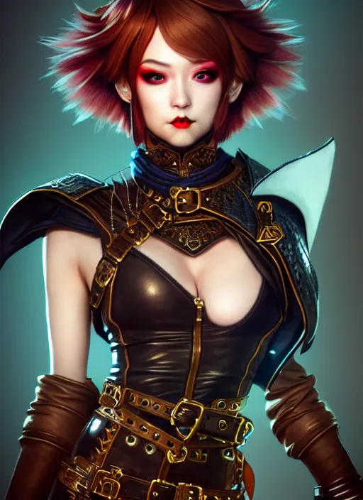 Image similar to rogue, fantasy ornate leather bandit outfit!!! close - up portrait beautiful and athletic short hair female!! gorgeous face and eyes!! character concept art, sharp focus, octane render! unreal engine 5! highly rendered!! trending on artstation!! detailed linework!! illustration by artgerm, wlop, and chie yoshii