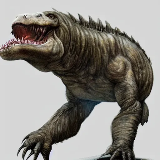 Prompt: A Tyrannosaurus rex predecessor downward, the forefoot to make a V gesture, sitting on its back sloth crossed legs, two hands to make a gesture of love, artstation, professional