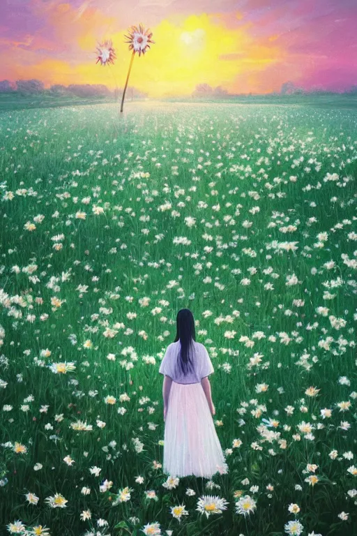 Image similar to giant white daisy flower veil, girl walking in a flower field, surreal photography, sunrise, dramatic light, impressionist painting, colorful clouds, digital painting, artstation, simon stalenhag