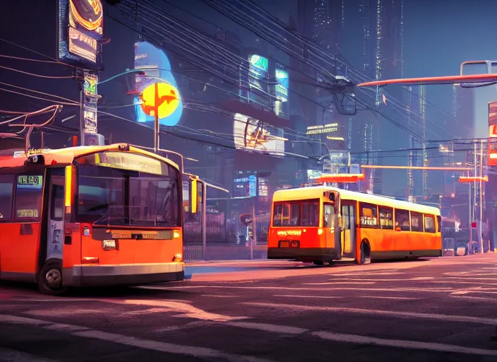 Image similar to trolleybus stands at a stop, headlights shine with neon light, atmospheric, futuristic, cyberpunk, ray tracing global illumination, 8 k resolution, ultra detailed