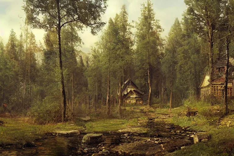 Image similar to A beautiful painting of russian village in dark forest by ivan shishkin and arkhip kuindji, trending on artstation,matte painting