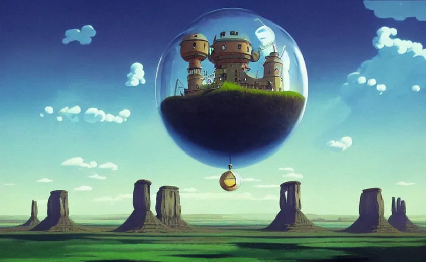 Prompt: a scary hyperrealist painting of a rocketship in a giant transparent cubic bubble from howl's moving castle ( 2 0 0 4 ) in a flooded monument valley stonehenge jungle. depth perception, 4 k, artstation, in the style of studio ghibli