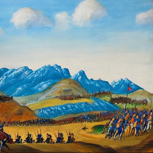 Image similar to colorful simple wideshot of a medieval battle in front of a beautiful blue mountainscape, painting