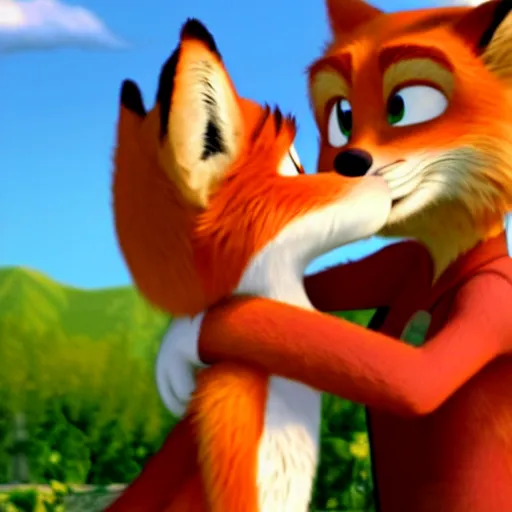 Image similar to an hd photo of nick wilde hugging fox mccloud, furry