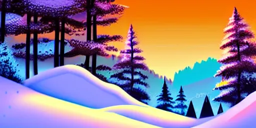 Prompt: snowy landscape, digital illustration, epic composition, sunny, colorful