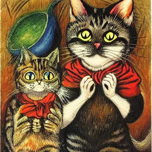 Prompt: a cat and mouse, fantasy art, louis wain