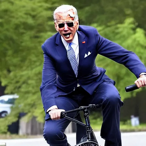 Image similar to full body shot ultra realistic photo of joe biden falling off of his bike, film, perfect face, in the style of a candid photo, perfect face