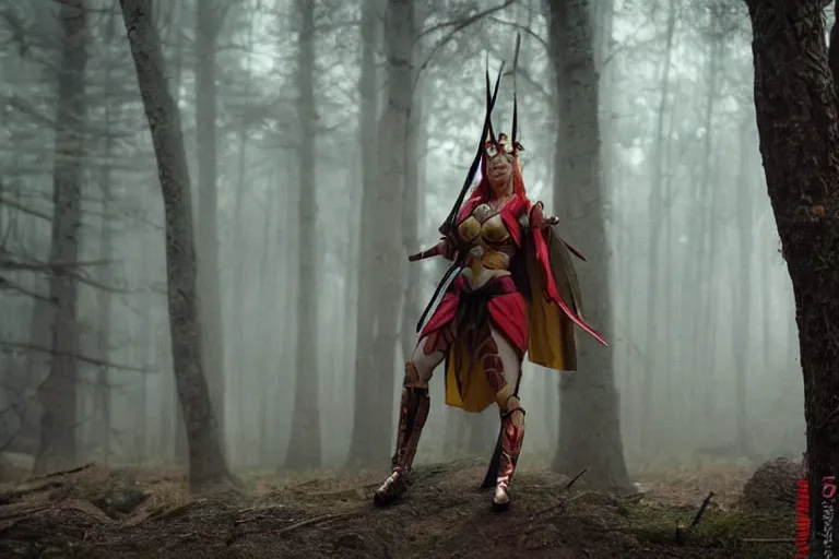 Image similar to vfx movie scene closeup nomad cyborg warrior viking geisha in a smoldering forest. by emmanuel lubezki