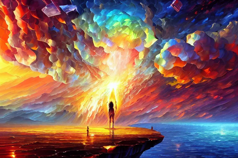 Image similar to a god giving birth to a new universe and then dissolving itself into it, in the style of wlop chad knight and leonid afremov, illustration, epic, fantasy, hyper detailed, smooth, unreal engine, sharp focus, ray tracing