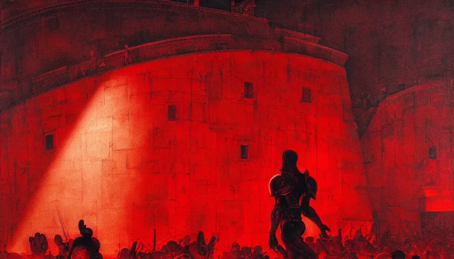 Image similar to only with red, a lightly armored gladiator in a crowded roman amphitheatre, crowd cheering, in the style of beksinski and edward hopper and rodcenko and yue minjun and cory loftis, intricate and epic composition, red by caravaggio, highly detailed, masterpiece, red light, artstation, art nouveau