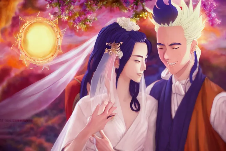 Image similar to a cinematic portrait of wedding photograph jpeg close up moment of a divine a japan sun god and moon goddess lovers magician at a wedding banquet. portraiture. digital painting. artstation. concept art. wedding photo. digital painting. naruto the movie art masterpiece by art by krenz cushart