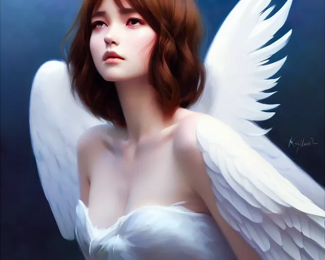 Prompt: a single angel with white wings. realistic shaded lighting poster by ilya kuvshinov katsuhiro, magali villeneuve, artgerm, jeremy lipkin and michael garmash, rob rey and kentaro miura style, trending on art station