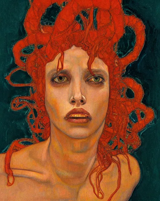 Image similar to portrait of orange medusa by greg rutkowski in the style of egon schiele