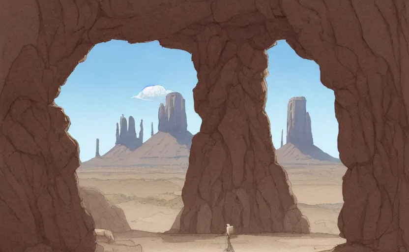 Prompt: a hyperrealist watercolor concept art of a medieval monk in grey robes in monument valley looking through a rock arch through a portal to an alien world. very muted colors, by rebecca guay, michael kaluta, charles vess. high detail, hq, wide shot, 4 k