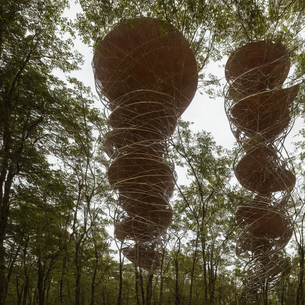 Image similar to Hyper realistic, helix shaped observation tower made by corten in forest, Future design, wide angle shot, architecture design, parametric architecture, covers by textile, environment, morning light, Cinematography, mega scans, cinematic, hyper realistic, photo real, cinematic composition, highly detailed, vray, 8k render