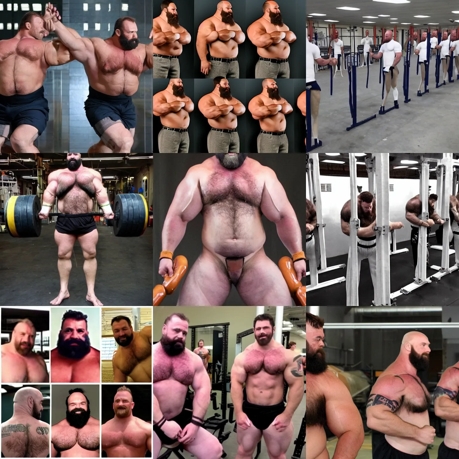 Prompt: clone factory of manly hairy burly strongmen clones