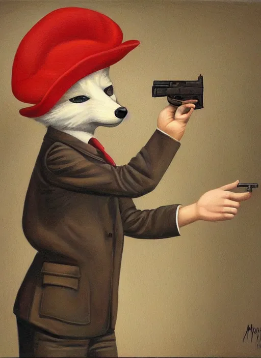 Prompt: a painting of an anthro fox wearing a beret and pointing a glock at the camera, an ultrafine detailed painting by Mark Ryden, trending on deviantart, pop surrealism, whimsical, lowbrow, grotesque