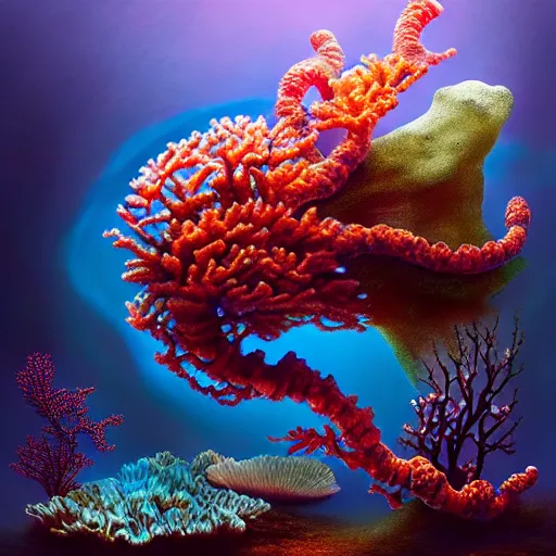 Image similar to unique non-conventional beauty, ornamental fish and corals and seaweed, surreal, intricate, etheric, floating, sensual, dramatic lighting, emotionally evoking symbolic metaphor, painterly, insanely detailed, lifelike, digital painting, artstation, concept art, smooth, sharp focus, illustration, art by John Collier and Krenz Cushart and Artem Demura and Alphonse Mucha and Albert Aublet