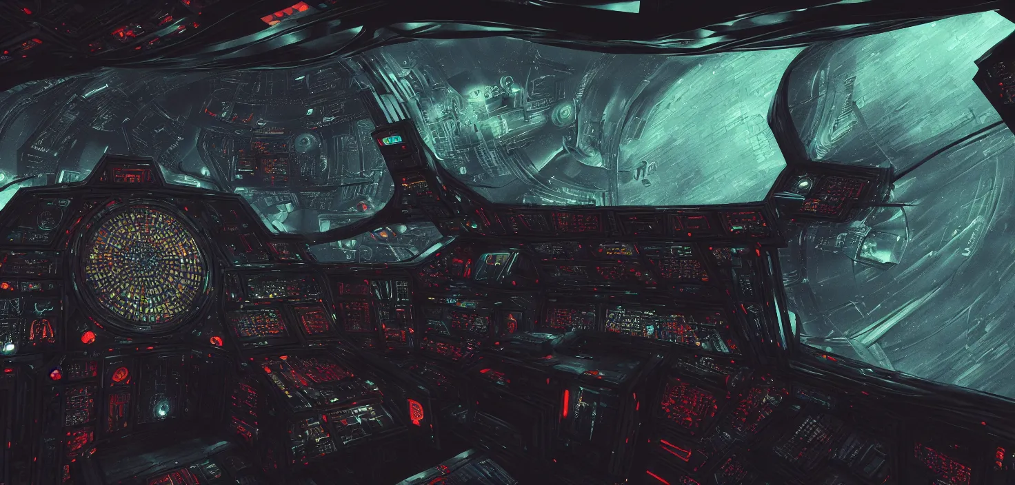 Image similar to Prometheus Ship control dashboard, hibernation capsule close-up, in a nightmarish universe of odd forms and somber tapestry, HR Giger and Vincent Di Fate, vivid color scheme, featured in artstation, octane render, cinematic, elegant, intricate, 8k