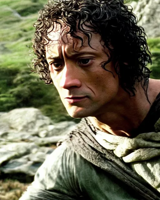 Prompt: film still close up shot of dwayne johnson as frodo baggins in the movie the lord of the rings. photographic, photography