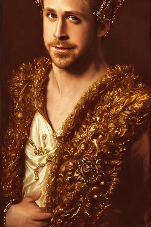 Prompt: Gorgeous full-body renaissance portrait of Ryan Gosling as a king of fantasy kingdom with crown on his head, front view, gold, artstation, beautiful, impressive, soft light, by Anthony van Dyck and Daniel Gerhartz