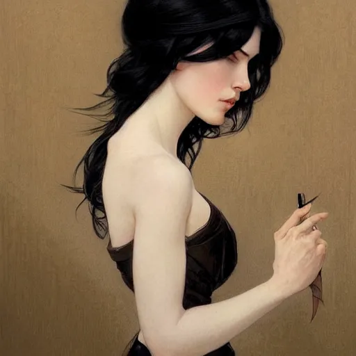 Prompt: a black haired woman with pale skin and dark eyes, intricate, elegant, highly detailed, digital painting, artstation, concept art, smooth, sharp focus, illustration, art by artgerm and greg rutkowski and alphonse mucha